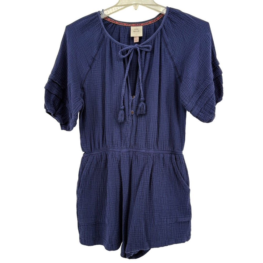 NWOT Knox Rose Navy Blue Gauze Drawstring Tie Neck Romper Jumpsuit Women's Large
